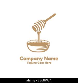 Golden Syrup Bee Nectar Badge Label Emblem With Wooden Wand Dipper And Pot Bowl Stock Vector