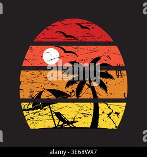 Sunset Beach Vibes T-Shirt Design with Palm Tree and Umbrella Stock Vector