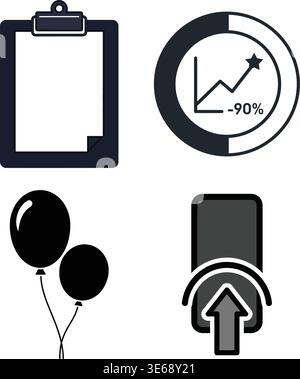 Black and White Icons Representing Family, Calendar, Target, and Smartphone Stock Vector