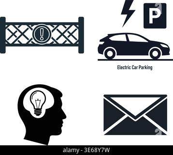 Simple Icons Representing Warning Signs, Electric Car Parking, Lightbulb, and Envelope Stock Vector