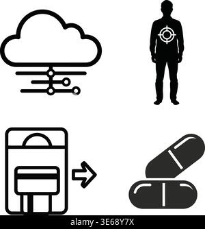 Black and White Icons Representing Cloud Computing, Health Monitoring, Medication, and Pills Stock Vector
