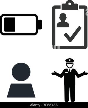 Black and White Icons Representing Battery, User Profile, Checklist, and Police Officer Stock Vector