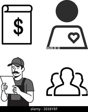 Simple Icons Representing Finance, User Profile, Worker, and Group of People Stock Vector