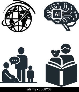 Black and White Icons Representing Growth, Communication, and Shopping Stock Vector