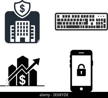 Grid of Black and White Icons Representing Food, Science, and Geography Stock Vector