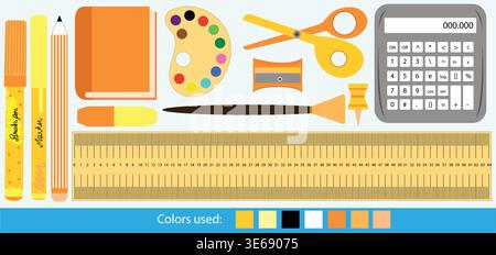 orange and yellow theme back to school supplies kit clip art set. Calculator, scissors, brush and color palette, eraser, diary, scale, pencil, marker. Stock Vector