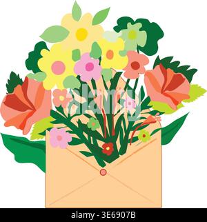 love letter with flowers illustration. Postal letter illustration. Floral letter clipart. Postal letters with red flowers, yellow flowers. Stock Vector