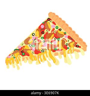 chicken pizza slice illustration. Pizza illustration with flowing cheese, meat and vegetables. Hand drawn pizza illustration with editable details. Stock Vector