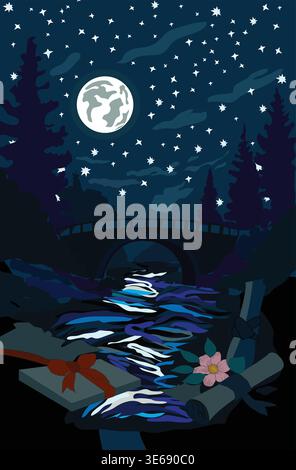 Night view with some parchment papers and letter in moonlight along river illustration. river side view with love letters and flowing water scenery. Stock Vector