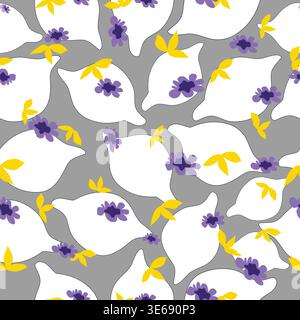 White lemons with yellow leaves and purple flowers on grey background seamless pattern Stock Vector