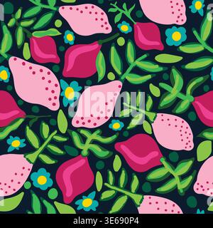 pink colors lemon with green hand painted leaves on dark blue background seamless pattern Stock Vector