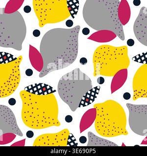 grey and yellow lemons with checkered black, white and red leaves seamless pattern Stock Vector