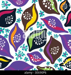 lemons with star and circle textured and bold colored flowers seamless pattern Stock Vector