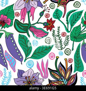 peas plants, purple flowers, colorful abstract line art flowers, spiral shapes, leaves seamless pattern Stock Vector