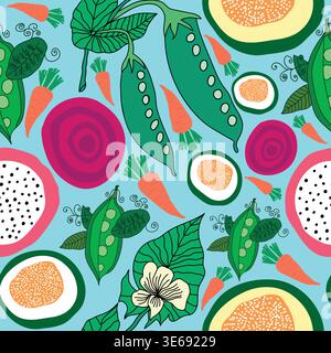 carrots, peas, beetroot, pitaya, flowers, papaya seamless pattern. Carrots, papaya, peas pods, leaves, vegetable garden theme seamless pattern Stock Vector
