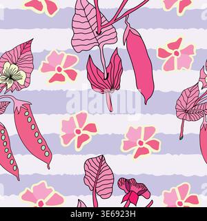 pink peas with leaves and flowers on pink stripes seamless pattern. pink peas plants, pink flower with yellow outline seamless pattern. Stock Vector