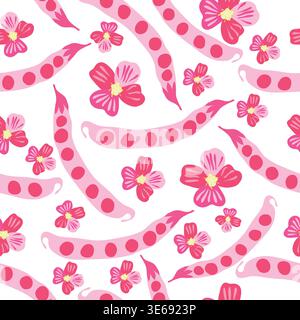 pink colored peas pods and colored flowers on white background vector seamless pattern Stock Vector