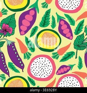 purple snap peas, carrots, pitaya, papaya and simple leaves on yellow background seamless pattern Stock Vector