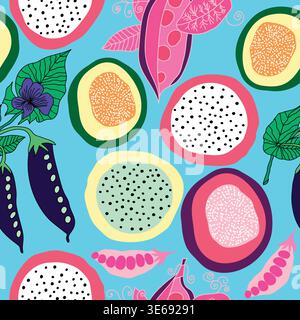 peas, pitaya, colorful exotic tropical fruits seamless pattern. exotic vegetables garden theme hand drawn seamless pattern. Stock Vector