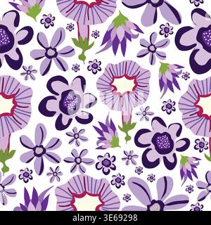 purple flowers with buds and morning glory seamless pattern Stock Vector