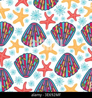 cockles, stars and blue line art flowers on white background seamless pattern Stock Vector