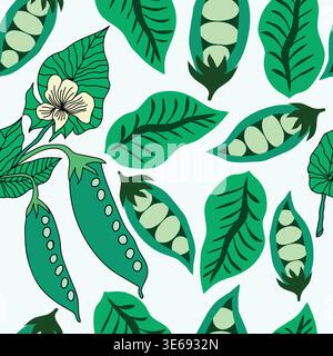 peas inside the pods with green leaves hand drawn seamless pattern. Green peas with green leaves and green peas pods with white flowers. Stock Vector