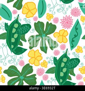 green peas, yellow flowers, pink flowers and green leaves with spiral bushes seamless pattern. Good for fabric, textile, wrapping and decorations. Stock Vector
