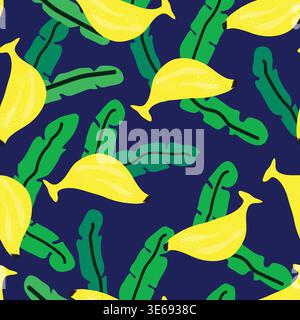 bananas and its leaves placed on blue background seamless pattern. cute rounded yellow bananas with long leaves seamless pattern. Stock Vector