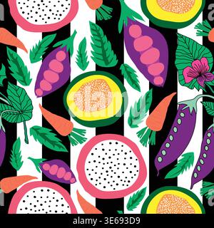pitaya, papaya, carrots, green leaves, purple peas and vertical black stripes seamless pattern Stock Vector
