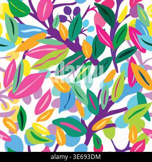 colorful leaves spread along branches of trees seamless hand drawn pattern. colorful textured simple leaves on branches seamless pattern. Stock Vector