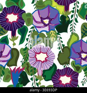 morning glory flowers with leaves and vines hand drawn seamless pattern . Colorful morning glory flowers with leaves and branches seamless pattern. Stock Vector