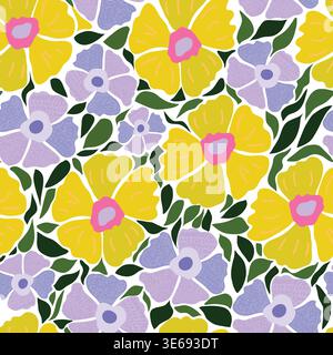 purple and yellow textured flowers with green leaves seamless pattern. Purple and yellow flowers with hand drawn textures and leave pattern. Stock Vector