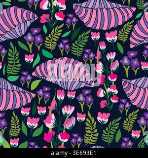 seamless pattern featuring a stiff pen shell with lush green branches, pink and soft white leaves, and delicate purple flowers on a deep black backgro Stock Vector