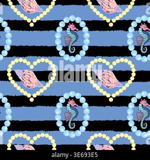 Seamless pattern with heart shaped pearl frames featuring seahorse and conch on a blue background with rough horizontal black stripes. Stock Vector