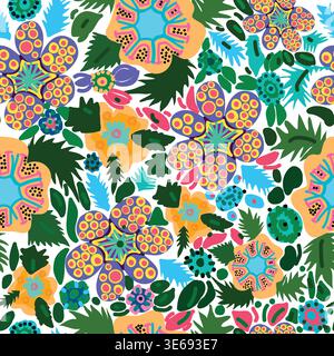 orange, purple and pink flowers with painted leaves and textures seamless pattern. Stock Vector