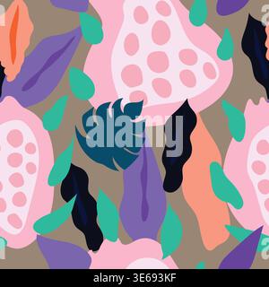 pitaya and colorful leaves on brown chocolate colored background seamless pattern Stock Vector