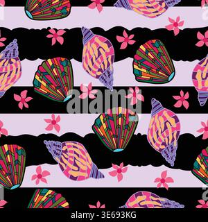 colorful symphony of seashells with pink flowers and black stripes seamless pattern. Conch and cockle shell with pink flowers and, deformed stripes. Stock Vector