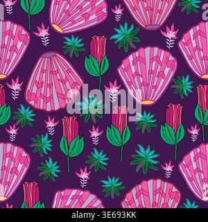 pink textured hand drawn seashells with pink flowers, buds and star shaped flowers with floral element seamless pattern. Stock Vector