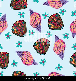 cockle and conch seashells with blue flowers seamless pattern. Colorful seashells with flowers on light blue background seamless pattern. Stock Vector