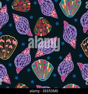 conch and cockles with star in the dark sky seamless pattern. Conch and cockles with blue stars on dark black background seamless pattern. Stock Vector