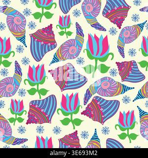 Colorful seashells including fighting conch and spiral shell with flower seamless pattern Stock Vector