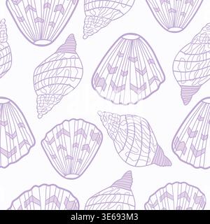 purple shells outline pastel seamless pattern. Purple seashells outline hand drawn art seamless pattern. Stock Vector