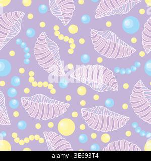 seashell with pearls on purple background pastel cute seamless pattern Stock Vector