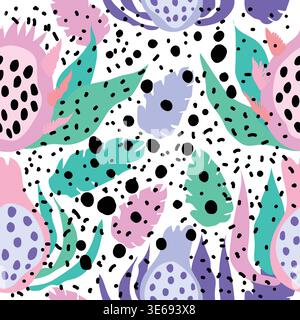 pitaya colorful pastel tropical fruits with polka dots and abstract patches seamless pattern Stock Vector