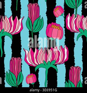 pink flowers and buds with abstract black stripes seamless pattern. pink roses garden theme flowers on black abstract stripes seamless pattern Stock Vector