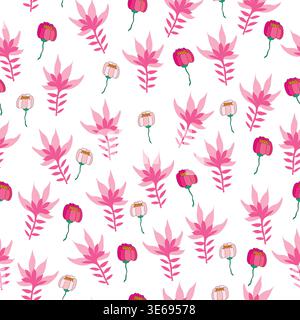 A seamless floral pattern featuring delicate pink flowers and light peach buds intertwined with green foliage. Stock Vector