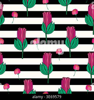 rose petal buds with big close roses on black stripes seamless pattern. Close roses with small pink buds seamless pattern. Stock Vector