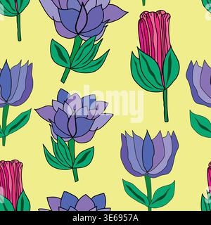 pink buds with purple flowers on yellow background seamless pattern. Pink, purple colored flowers on yellow background seamless pattern Stock Vector