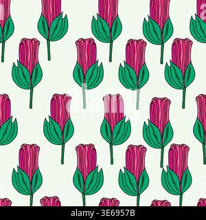flower buds with leaves on light green background seamless pattern. Close colorful roses buds with green leaves seamless pattern. Stock Vector