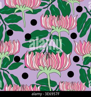pink and white flowers with green leafy branches and polka dots on purple background seamless pattern Stock Vector